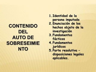 CONTENIDO 
DEL 
AUTO DE 
SOBRESEIMIE 
NTO 
1.Identidad de la 
persona imputada 
2.Enunciación de los 
hechos objeto de la 
investigación 
3.Fundamentos 
fácticos 
4.Fundamentos 
jurídicos 
5.Parte resolutiva – 
disposiciones legales 
aplicables. 
 