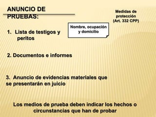 Nombre, ocupación 
y domicilio 
ANUNCIO DE 
PRUEBAS: 
1. Lista de testigos y 
peritos 
2. Documentos e informes 
3. Anuncio de evidencias materiales que 
se presentarán en juicio 
Medidas de 
protección 
(Art. 332 CPP) 
Los medios de prueba deben indicar los hechos o 
circunstancias que han de probar 
 