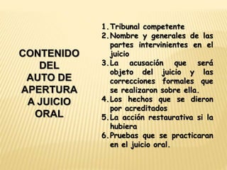 CONTENIDO 
DEL 
AUTO DE 
APERTURA 
A JUICIO 
ORAL 
1.Tribunal competente 
2.Nombre y generales de las 
partes intervinientes en el 
juicio 
3.La acusación que será 
objeto del juicio y las 
correcciones formales que 
se realizaron sobre ella. 
4.Los hechos que se dieron 
por acreditados 
5.La acción restaurativa si la 
hubiera 
6.Pruebas que se practicaran 
en el juicio oral. 
