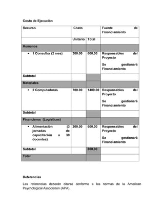 Costo de Ejecución 
Recurso 
Costo 
Fuente de Financiamiento 
Unitario 
Total 
Humanos 
 1 Consultor (2 mes) 
300.00 
600.00 
Responsables del Proyecto 
Se gestionará Financiamiento 
Subtotal 
Materiales 
 2 Computadoras 
700.00 
1400.00 
Responsables del Proyecto 
Se gestionará Financiamiento 
Subtotal 
Financieros (Logísticos) 
 Alimentación (3 jornadas de capacitación a 30 docentes) 
200.00 
600.00 
Responsables del Proyecto 
Se gestionará Financiamiento 
Subtotal 
800.00 
Total 
Referencias 
Las referencias deberán citarse conforme a las normas de la American Psychological Association (APA).  