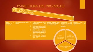 ESTRUCTURA DEL PROYECTO
Metas
(Tiempo y
Cantidad).
1. Una capacitación de 40
Horas
1. 2 días de trabajo en la
formulación del
proyecto.
2. Una capacitación de 40
horas en la metodología
y pedagogía.
3. Hacer los ajustes
curriculares del proyecto
desarrollados desde el
22 de Junio al 2 de Julio.
4. Iniciación del Proyecto
en el segundo semestre
19 de Julio.
Realizar talleres para
los padres de familia ,
viernes 23 de Julio .
Presentación del
proyecto a docente
facilitadores segunde
semestre.
Reunión con la
Gobernación 2 de
Julio.
2005
Proceso de
Planeación
y Ejecución
2006 Proceso de
Cierre
2004
Proceso de
Iniciación
 