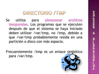 Se utiliza para
. Los programas que se ejecuten
después de que el sistema se haya iniciado
deben utilizar /var/tmp, no /tmp, debido a
que /var/tmp probablemente resida en una
partición o disco con más espacio.
Frecuentemente /tmp es un enlace simbólico
para /var/tmp.
 