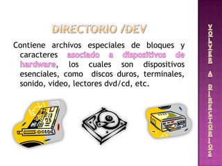 Contiene archivos especiales de bloques y
caracteres
, los cuales son dispositivos
esenciales, como discos duros, terminales,
sonido, video, lectores dvd/cd, etc.
 