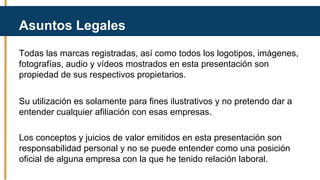 Todas las marcas registradas, así como todos los logotipos, imágenes,
fotografías, audio y vídeos mostrados en esta presentación son
propiedad de sus respectivos propietarios.
Su utilización es solamente para fines ilustrativos y no pretendo dar a
entender cualquier afiliación con esas empresas.
Los conceptos y juicios de valor emitidos en esta presentación son
responsabilidad personal y no se puede entender como una posición
oficial de alguna empresa con la que he tenido relación laboral.
Asuntos Legales
 