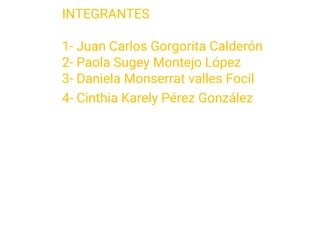 INTEGRANTES
1- Juan Carlos Gorgorita Calderón
2- Paola Sugey Montejo López
3- Daniela Monserrat valles Focil
4- Cinthia Karely Pérez González
 