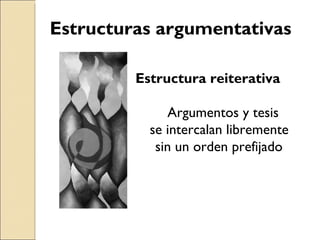 Estructuras argumentativas Estructura reiterativa Argumentos y tesis se intercalan libremente sin un orden prefijado 