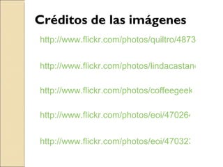 Créditos de las imágenes http://www.flickr.com/photos/quiltro/487362216/ http://www.flickr.com/photos/lindacastaneda/4125690655/ http://www.flickr.com/photos/coffeegeek/4317562467/ http://www.flickr.com/photos/eoi/4702643499/ http://www.flickr.com/photos/eoi/4703235844/ 