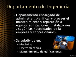 Departamento de Ingeniería
  • Departamento encargado de
    administrar, planificar y proveer el
    mantenimiento y reparación a
    equipo, edificaciones, instalaciones
    , según las necesidades de la
    empresa y concesionarios.

  • Se subdivide en:
    – Mecánica
    – Electromecánica
    – Mantenimiento de edificaciones
 