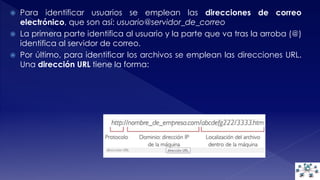  Para identificar usuarios se emplean las direcciones de correo 
electrónico, que son así: usuario@servidor_de_correo 
 La primera parte identifica al usuario y la parte que va tras la arroba (@) 
identifica al servidor de correo. 
 Por último, para identificar los archivos se emplean las direcciones URL. 
Una dirección URL tiene la forma: 
 