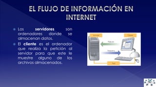  Los servidores son 
ordenadores donde se 
almacenan datos. 
 El cliente es el ordenador 
que realiza la petición al 
servidor para que este le 
muestre alguno de los 
archivos almacenados. 
 