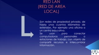 Son redes de propiedad privada, de 
hasta unos cuantos kilómetros de 
extensión. Por ejemplo una oficina o 
un centro educativo. 
Se usan para conectar 
computadoras personales o 
estaciones de trabajo, con objeto de 
compartir recursos e intercambiar 
información. 
 