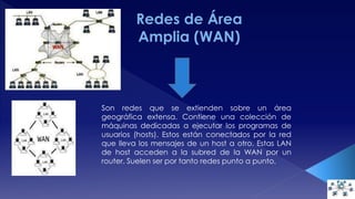 Son redes que se extienden sobre un área 
geográfica extensa. Contiene una colección de 
máquinas dedicadas a ejecutar los programas de 
usuarios (hosts). Estos están conectados por la red 
que lleva los mensajes de un host a otro. Estas LAN 
de host acceden a la subred de la WAN por un 
router. Suelen ser por tanto redes punto a punto. 
 