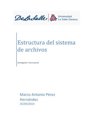Estructura del sistema
de archivos
Investigación 1 Tercer parcial
Marco Antonio Pérez
Hernández
25/04/2014
 