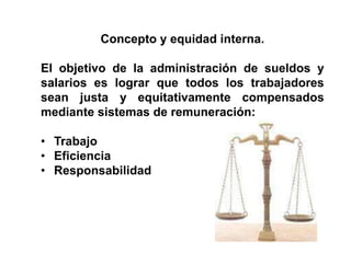 Concepto y equidad interna.

El objetivo de la administración de sueldos y
salarios es lograr que todos los trabajadores
sean justa y equitativamente compensados
mediante sistemas de remuneración:

• Trabajo
• Eficiencia
• Responsabilidad
 