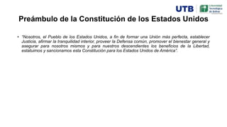 Preámbulo de la Constitución de los Estados Unidos
• “Nosotros, el Pueblo de los Estados Unidos, a fin de formar una Unión más perfecta, establecer
Justicia, afirmar la tranquilidad interior, proveer la Defensa común, promover el bienestar general y
asegurar para nosotros mismos y para nuestros descendientes los beneficios de la Libertad,
estatuimos y sancionamos esta Constitución para los Estados Unidos de América”.
 