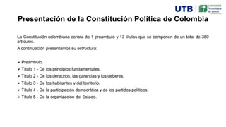 Presentación de la Constitución Política de Colombia
La Constitución colombiana consta de 1 preámbulo y 13 títulos que se componen de un total de 380
artículos.
A continuación presentamos su estructura:
 Preámbulo.
 Título 1 - De los principios fundamentales.
 Título 2 - De los derechos, las garantías y los deberes.
 Título 3 - De los habitantes y del territorio.
 Título 4 - De la participación democrática y de los partidos políticos.
 Título 5 - De la organización del Estado.
 