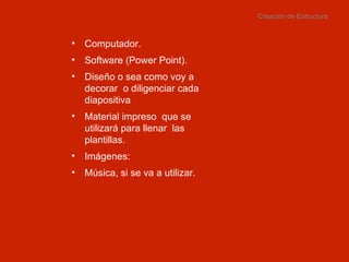 Creación de Estructura Computador. Software (Power Point). Diseño o sea como voy a decorar  o diligenciar cada diapositiva Material impreso  que se utilizará para llenar  las plantillas. Imágenes:  Música, si se va a utilizar. 