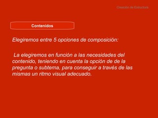 Creación de Estructura Contenidos Elegiremos entre 5 opciones de composición: La elegiremos en función a las necesidades del contenido, teniendo en cuenta la opción de de la pregunta o subtema, para conseguir a través de las mismas un ritmo visual adecuado. 