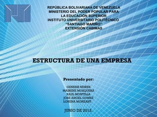 REPÚBLICA BOLIVARIANA DE VENEZUELA
MINISTERIO DEL PODER POPULAR PARA
LA EDUCACIÓN SUPERIOR
INSTITUTO UNIVERSITARIO POLITÉCNICO
“SANTIAGO MARIÑO”
EXTENSIÓN CABIMAS
ESTRUCTURA DE UNA EMPRESA
Presentado por:
GENESIS NEIRES
MAIRENE MOSQUERA
RAUL MONTILLA
JOSE ANGEL GOMEZ
LORENA MONZANT   
JUNIO DE 2013.
 
 