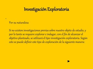 Investigación Exploratoria
•
Por su naturaleza
Si no existen investigaciones previas sobre nuestro objeto de estudio, y
por lo tanto se requiere explorar e indagar, con el fin de alcanzar el
objetivo planteado, se utilizará el tipo investigación exploratoria. Según
esto se puede definir este tipo de exploración de la siguiente manera:
►
 