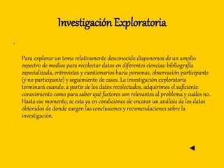 Investigación Exploratoria
•
Para explorar un tema relativamente desconocido disponemos de un amplio
espectro de medios para recolectar datos en diferentes ciencias: bibliografía
especializada, entrevistas y cuestionarios hacia personas, observación participante
(y no participante) y seguimiento de casos. La investigación exploratoria
terminará cuando, a partir de los datos recolectados, adquirimos el suficiente
conocimiento como para saber qué factores son relevantes al problema y cuáles no.
Hasta ese momento, se esta ya en condiciones de encarar un análisis de los datos
obtenidos de donde surgen las conclusiones y recomendaciones sobre la
investigación.
◄
 