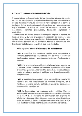 5. EL MARCO TEÓRICO DE UNA INVESTIGACIÓN
El marco teórico es la descripción de los elementos teóricos planteados
por uno por varios autores que permiten al investigador fundamentar su
proceso de conocimiento. La función del marco conceptual es definir el
significado de los términos (lenguaje técnico) que van a emplearse con
mayor frecuencia y sobre los cuales se relacionan las fases del
conocimiento científico (observación, descripción, explicación y
predicción).
La elaboración del marco teórico y conceptual implica la revisión de
literatura antes y durante el proceso de redacción del mismo, lo que
significa visitar bibliotecas y otras fuentes de información. Se debe hacer
una revisión y selección de los elementos teóricos y conceptuales que
deberían ser tratados y que servirán de guía para el estudio.
Pasos sugeridos para la estructuración del marco teórico
PASO 1: Identificar los elementos teóricos para fundamentar el
problema. Sobre la base del problema y los objetivos se identifican
los elementos, factores y aspectos pertinentes para fundamentar el
problema.
PASO 2: Se selecciona la variable central y las variables secundarias.
La variable central se refiere básicamente al problema y constituye
la variable dependiente. Las variables secundarias son aquellas que
ayudan a explicar y analizar el problema y se denominan variables
independientes.
PASO 3: Identificar las relaciones entre las variables y enunciar las
hipótesis. Una vez seleccionadas las variables principales, en el
PASO 2, es necesario postular las hipótesis y describir las relaciones
entre variables identificadas;
PASO 4: Esquematizar las relaciones entre variables. Una vez
seleccionadas y enunciadas las relaciones de las variables de interés,
en el PASO 3, es necesaria la construcción del esquema de
relaciones; esto ayuda al investigador a tener una visión de conjunto
de las relaciones, y facilita la elaboración del marco teórico. Este
paso puede ser incluido si contribuye a aclarar el marco teórico.
 