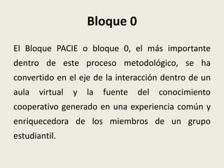 Bloque 0
El Bloque PACIE o bloque 0, el más importante
dentro de este proceso metodológico, se ha
convertido en el eje de la interacción dentro de un
aula   virtual   y   la   fuente   del   conocimiento
cooperativo generado en una experiencia común y
enriquecedora de los miembros de un grupo
estudiantil.
 