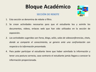Bloque Académico
                                SECCIÓN DE REBOTE
1. Esta sección se denomina de rebote o filtro.

2. Se crean actividades necesarias para que el estudiante lea y asimile los
   documentos, videos, enlaces web que han sido utilizados en la sección de
   exposición.

3. Las actividades sugeridas son Foros, blogs, wikis, salas de videoconferencias, chats,
   donde se comparte el conocimiento, se genera ante una confrontación con
   respecto a la información presentada.

4. Para poder participar el estudiante tiene que haber asimilado la información y
   tener una postura correcta, caso contrario el estudiante jamás llegara a conocer la
   información proporcionada.
 