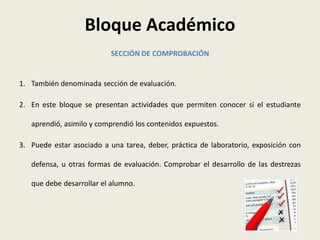 Bloque Académico
                           SECCIÓN DE COMPROBACIÓN


1. También denominada sección de evaluación.

2. En este bloque se presentan actividades que permiten conocer si el estudiante

   aprendió, asimilo y comprendió los contenidos expuestos.

3. Puede estar asociado a una tarea, deber, práctica de laboratorio, exposición con

   defensa, u otras formas de evaluación. Comprobar el desarrollo de las destrezas

   que debe desarrollar el alumno.
 