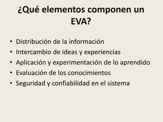 ¿Qué elementos componen un
               EVA?
•   Distribución de la información
•   Intercambio de ideas y experiencias
•   Aplicación y experimentación de lo aprendido
•   Evaluación de los conocimientos
•   Seguridad y confiabilidad en el sistema
 
