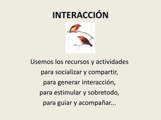 INTERACCIÓN



Usemos los recursos y actividades
   para socializar y compartir,
    para generar interacción,
   para estimular y sobretodo,
    para guiar y acompañar...
 