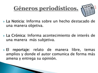 La Noticia: Informa sobre un hecho destacado de
una manera objetiva.
 La Crónica: Informa acontecimiento de interés de
una manera más subjetiva.
 El reportaje: relato de manera libre, temas
amplios y donde el autor comunica de forma más
amena y entrega su opinión.
 