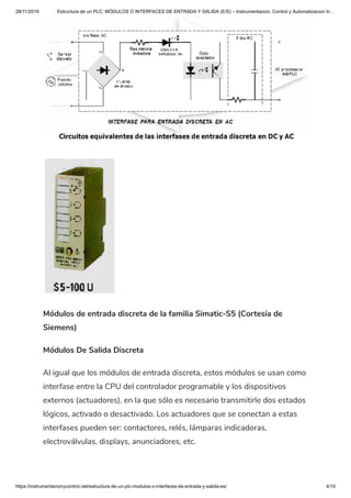 28/11/2019 Estructura de un PLC: MÓDULOS O INTERFACES DE ENTRADA Y SALIDA (E/S) – Instrumentacion, Control y Automatizacion In…
https://instrumentacionycontrol.net/estructura-de-un-plc-modulos-o-interfaces-de-entrada-y-salida-es/ 4/15
Módulos de entrada discreta de la familia Simatic-S5 (Cortesía de
Siemens)
Módulos De Salida Discreta
Al igual que los módulos de entrada discreta, estos módulos se usan como
interfase entre la CPU del controlador programable y los dispositivos
externos (actuadores), en la que sólo es necesario transmitirle dos estados
lógicos, activado o desactivado. Los actuadores que se conectan a estas
interfases pueden ser: contactores, relés, lámparas indicadoras,
electroválvulas, displays, anunciadores, etc.
 
