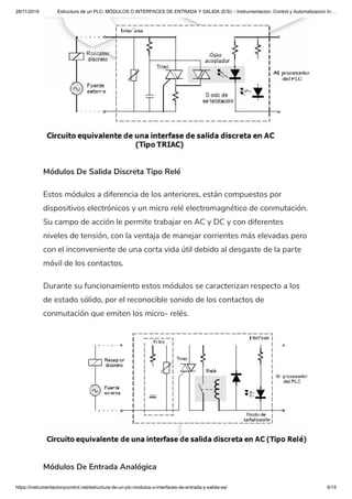 28/11/2019 Estructura de un PLC: MÓDULOS O INTERFACES DE ENTRADA Y SALIDA (E/S) – Instrumentacion, Control y Automatizacion In…
https://instrumentacionycontrol.net/estructura-de-un-plc-modulos-o-interfaces-de-entrada-y-salida-es/ 6/15
Módulos De Salida Discreta Tipo Relé
Estos módulos a diferencia de los anteriores, están compuestos por
dispositivos electrónicos y un micro relé electromagnético de conmutación.
Su campo de acción le permite trabajar en AC y DC y con diferentes
niveles de tensión, con la ventaja de manejar corrientes más elevadas pero
con el inconveniente de una corta vida útil debido al desgaste de la parte
móvil de los contactos.
Durante su funcionamiento estos módulos se caracterizan respecto a los
de estado sólido, por el reconocible sonido de los contactos de
conmutación que emiten los micro- relés.
Módulos De Entrada Analógica
 