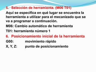 5. Selección de herramienta. (M06 T01)
Aquí se especifica en qué lugar se encuentra la
herramienta a utilizar para el mecanizado que se
va a programar a continuación.
M06: Cambio automático de herramienta
T01: herramienta número 1
6. Posicionamiento inicial de la herramienta
G00: movimiento rápido
X, Y, Z: punto de posicionamiento
 