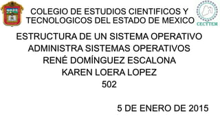COLEGIO DE ESTUDIOS CIENTIFICOS Y
TECNOLOGICOS DEL ESTADO DE MEXICO
ESTRUCTURA DE UN SISTEMA OPERATIVO
ADMINISTRA SISTEMAS OPERATIVOS
RENÉ DOMÍNGUEZ ESCALONA
KAREN LOERA LOPEZ
502
5 DE ENERO DE 2015
 