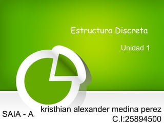 Estructura Discreta 
Unidad 1 
SAIA - A kristhian alexander medina perez 
C.I:25894500 
 