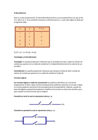 El Bicondicional
Sean p y q dos proposiciones. Se llama Bicondicional de p y q a la proposición pq, que se lee
"p si sólo si q", o "p es condición necesaria y suficiente para q", y cuyo valor lógico es dado por
la siguiente tabla.

VL (P « q ) = 1 si VL (p) = VL (q)
Tautologias y Contradicciones
Tautología: Es aquella proposición molecular que es verdadera (es decir, todos los valores de
verdad que aparecen en su tabla de verdad son 1) independientemente de los valores de sus
variables.
Contradicción: Es aquella proposición molecular que siempre es falsa (es decir cuando los
valores de verdad que aparecen en su tabla de verdad son todos 0).
Circuitos Lógicos
Los circuitos lógicos o redes de conmutación los podemos identificar con una forma
proposicional. Es decir, dada una forma proposicional, podemos asociarle un circuito; o dado
un circuito podemos asociarle la forma proposicional correspondiente. Además, usando las
leyes del álgebra proposicional podemos simplificar los circuitos en otros más sencillos, pero
que cumplen la misma función que el original.
Conexión en serie la cual se representa como p  q

Conexión en paralelo la cual se representa como p  q

 