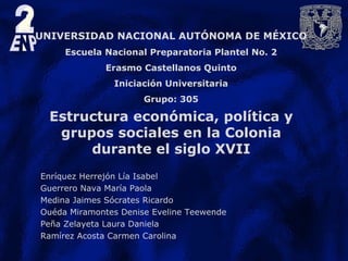 UNIVERSIDAD NACIONAL AUTÓNOMA DE MÉXICO
Escuela Nacional Preparatoria Plantel No. 2
Erasmo Castellanos Quinto
Iniciación Universitaria
Grupo: 305
Estructura económica, política y
grupos sociales en la Colonia
durante el siglo XVII
Enríquez Herrejón Lía Isabel
Guerrero Nava María Paola
Medina Jaimes Sócrates Ricardo
Ouéda Miramontes Denise Eveline Teewende
Peña Zelayeta Laura Daniela
Ramírez Acosta Carmen Carolina
 