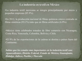 •La industria textil mexicana se integra principalmente por micro y 
pequeñas empresas (85.9%). 
•En 2012, la producción nacional de fibras químicas estuvo centrada en 
fibras sintéticas (93.1%) más que en fibras artificiales (6.9%). 
•México tiene celebrados tratados de libre comercio con Nicaragua, 
Costa Rica, Venezuela, Colombia, Bolivia y Chile. 
•El 9% de las exportaciones de la cadena se destina a países fuera del 
Continente. 
Sabias que los estados mas importantes en la industria textil son: 
Aguascalientes, Distrito Federal, Estado de México, Guanajuato, 
Hidalgo, Jalisco, Puebla y Tlaxcala 
 