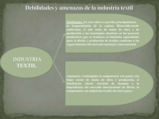 INDUSTRIA 
TEXTIL 
Debilidades. En este rubro se percibe principalmente 
la fragmentación de la cadena fibras-hilo-textil-confección, 
el alto costo de mano de obra y de 
producción y las tecnologías obsoletas en los procesos 
productivos que se traducen en limitadas capacidades 
para el diseño y producción de textiles conforme a los 
requerimientos del mercado nacional e internacional 
Amenazas. Contemplan la competencia con países con 
bajos costos de mano de obra y producción, el 
insuficiente abasto nacional de insumos y la 
dependencia del mercado internacional de fibras, la 
competencia con industrias textiles de otros países 
 