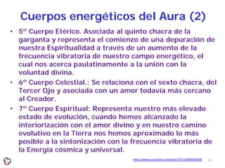 Cuerpos energéticos del Aura (2)
• 5º Cuerpo Etérico. Asociada al quinto chacra de la
  garganta y representa el comienzo ...