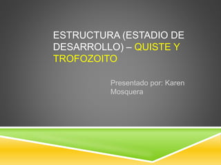 ESTRUCTURA (ESTADIO DE
DESARROLLO) – QUISTE Y
TROFOZOITO
Presentado por: Karen
Mosquera
 