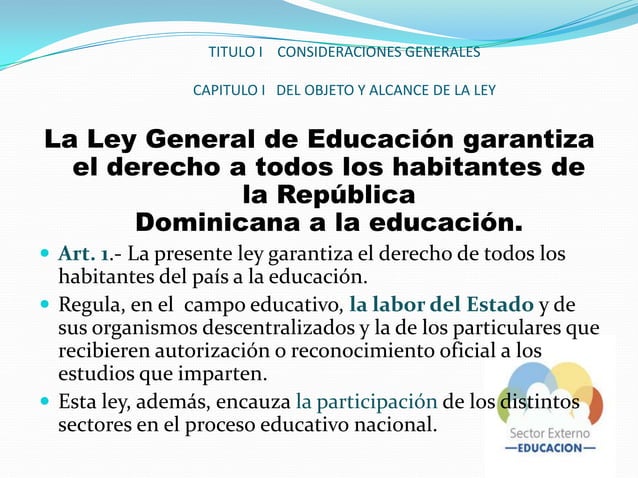Estructura General de la Ley de Educación 66 97 República Dominicana | PPT