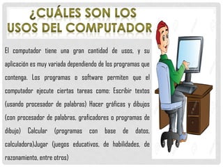 El computador tiene una gran cantidad de usos, y su
aplicación es muy variada dependiendo de los programas que
contenga. Los programas o software permiten que el
computador ejecute ciertas tareas como: Escribir textos
(usando procesador de palabras) Hacer gráficas y dibujos
(con procesador de palabras, graficadores o programas de
dibujo) Calcular (programas con base de datos,
calculadora)Jugar (juegos educativos, de habilidades, de
razonamiento, entre otros)
 