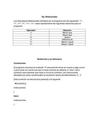 Op. Relacionales
Los Operadores Relacionales admitidos por el programa son los siguientes: “>”,
“<”, “==”, “!=”, “<=”, “=>”, estos representarán las siguientes relaciones para el
programa:
Operador Relación
< Menor que
> Mayor que
== Igual a
¡= Diferente de
<= Menor o igual
=> Mayor o igual
Sentencias y su estructura
Condiciones:
El programa reconoce la condición “if” para permitir tomar en cuenta si algo ocurre
y para tomar en cuenta que eso no haya ocurrido se utilizará un “then” como
condición para expresar que hacer si ocurre lo contrario. Las instrucciones
afectadas por estos condicionales se escribirían dentro de delimitadores “{“, “}”
Esta condición se estructuraría parecido a la siguiente
If(condición){
Instrucciones;
}
then{
Instruicciones;
}
 
