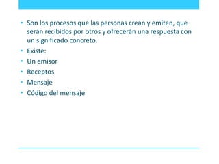 • Son los procesos que las personas crean y emiten, que 
serán recibidos por otros y ofrecerán una respuesta con 
un significado concreto. 
• Existe: 
• Un emisor 
• Receptos 
• Mensaje 
• Código del mensaje 
 