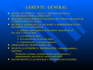 GERENTE  GENERAL DEFINE, INTERPRETA,  APLICA Y MEJORA POLÍTICAS ESTABLECIDAS POR LA DIRECCIÓN REQUIERE CONOCIMIENTO FUNCIONAL DE TODAS LAS FASES DE LA OPERACIÓN DEL HOTEL. REUNIR EL EQUIPO QUE LE AYUDARÁ A ADMINISTRAR EL HTL. DIVIDIDO EN 4 CATEGORÍAS  1.- Elabora y aplica políticas de las admon. Integrado por el  Gte. Gral. Y jefes de depto.  2.- Los subjefes de depto.  3.- Los asistentes de los jefes de depto.  4.- el personal gral.  Y personal operativo.  OPERACIÓN DE TIEMPO COMPLETO SOLICITA E INTERPRETA  INFORMACIÓN  ( Informes estándar y especiales)  Producción, consumo, resultados brutos, gastos generales y departamentales, precisión de ventas a corto plazo.  HACER FRENTE A LAS MUCHAS Y DIVERSAS SITUACIONES  