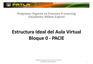 Programa: Experto en Procesos E-Learning
         Estudiante: Milton Espinel



Estructura Ideal del Aula Virtual
        Bloque 0 - PACIE


              Programa: Experto en Procesos E-Learning
                     Estudiante: Milton Espinel          1
 