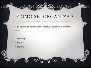 COMO SE ORGANIZA ?
 Se organiza en distintos tomos en el cual se desarrollan estas tres
formas :

 Morfología
 Sintaxis
 Fonética

 